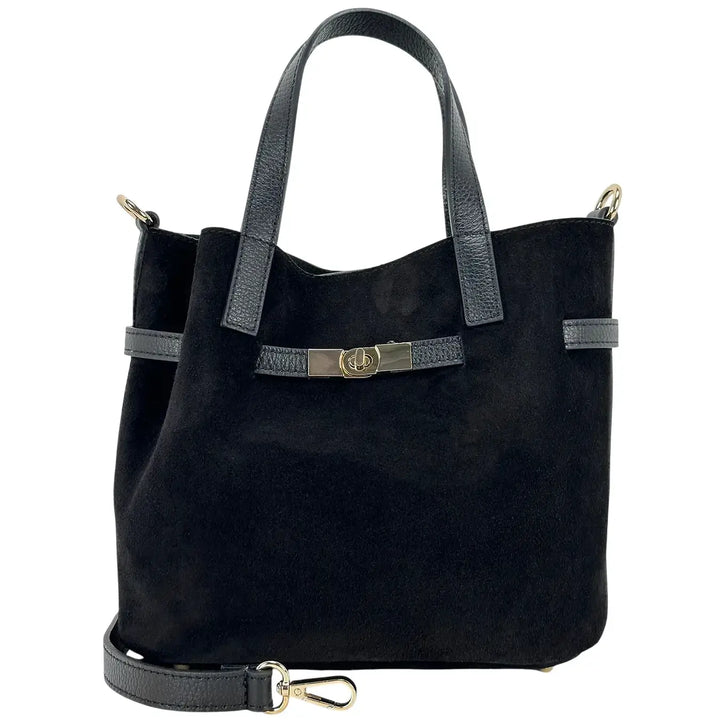 Bassini Borsa Donna Secchiello in Pelle Scamosciata Nero con Doppi Manici e Tracolla Rimovibile