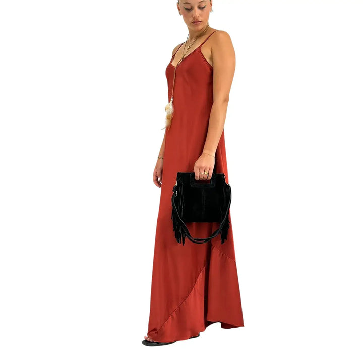 Bassini Abito Donna Terra di Siena Modello Sottoveste con Spallini e Collana Piuma Inclusa