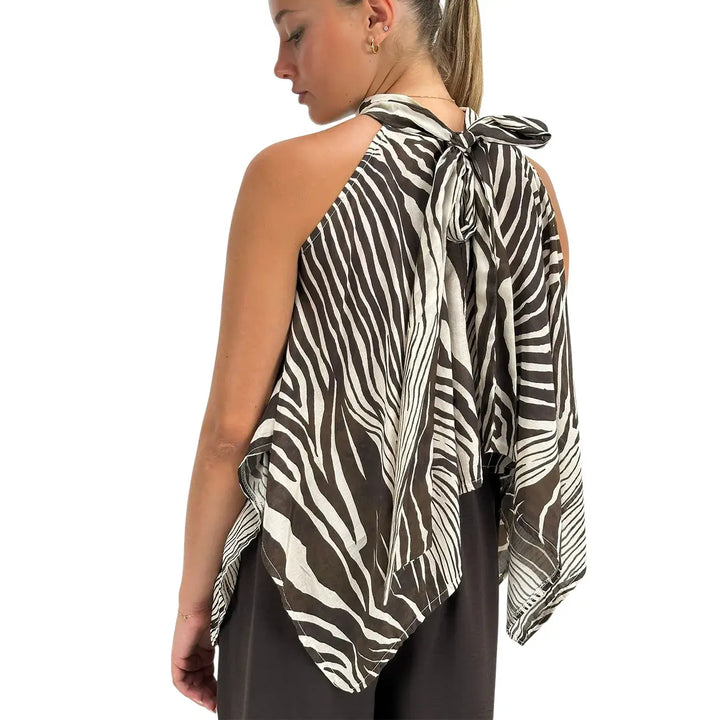 Bassini Top Donna Beige Zebrato Marrone con Nodo sul Collo