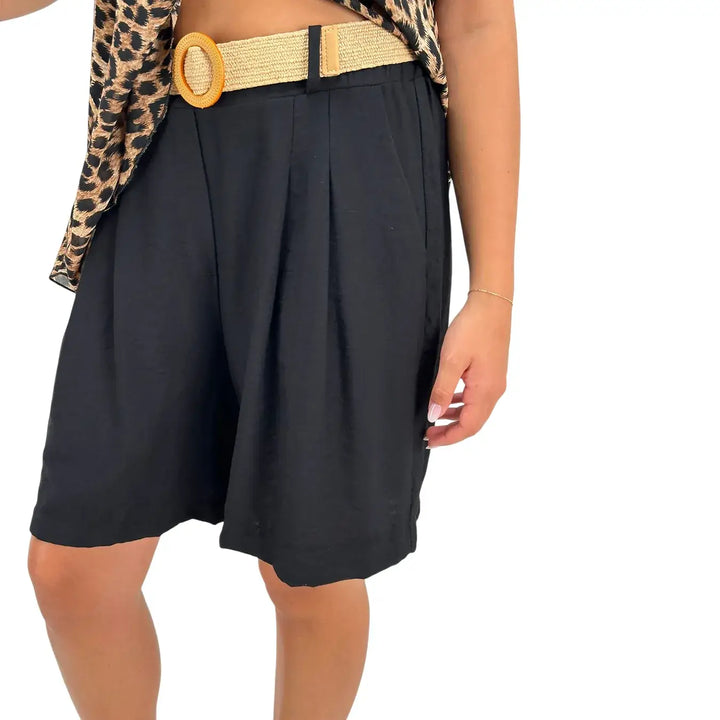 Bassini Bermuda Donna Nero in Lino e Cotone con Cintura in Rafia