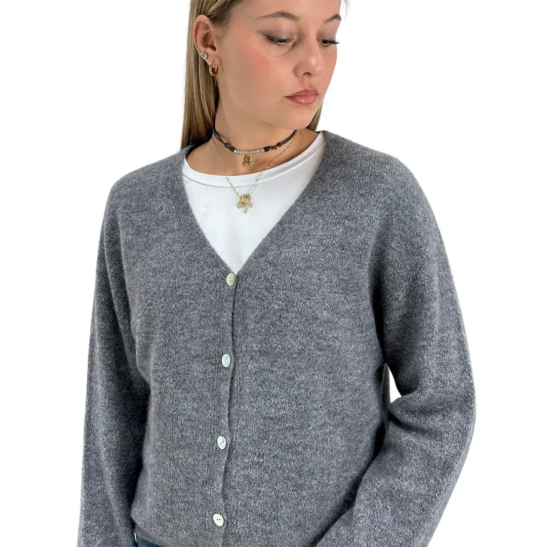 Bassini Cardigan Donna Grigio Melange Oversize con Cinque Bottoni e Maniche Raglan