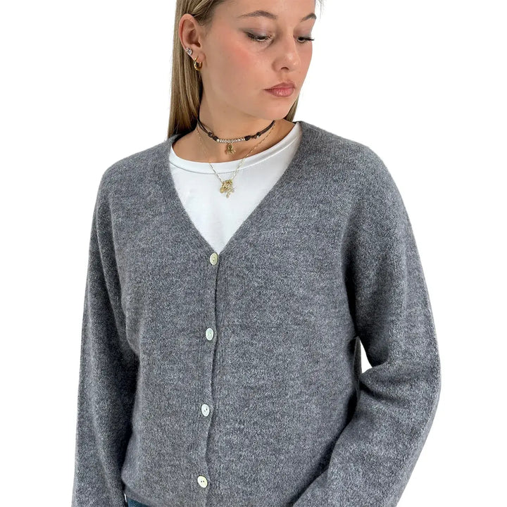 Bassini Cardigan Donna Grigio Melange Oversize con Cinque Bottoni e Maniche Raglan
