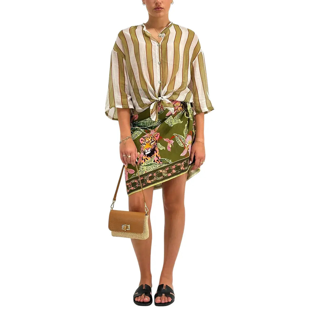 Bassini Camicia Donna Verde a Righe con Nodo Frontale, Collo Coreano e Maniche Corte
