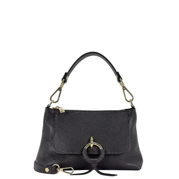 Bassini Borsa Donna Piccola in Pelle Cioccolato con Doppia Tracolla e Accessorio Metallico