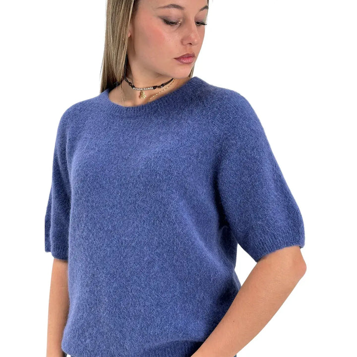 Bassini Maglia Donna Blu Cenere Girocollo Oversize con Maniche Corte Raglan e Orlo a Costine