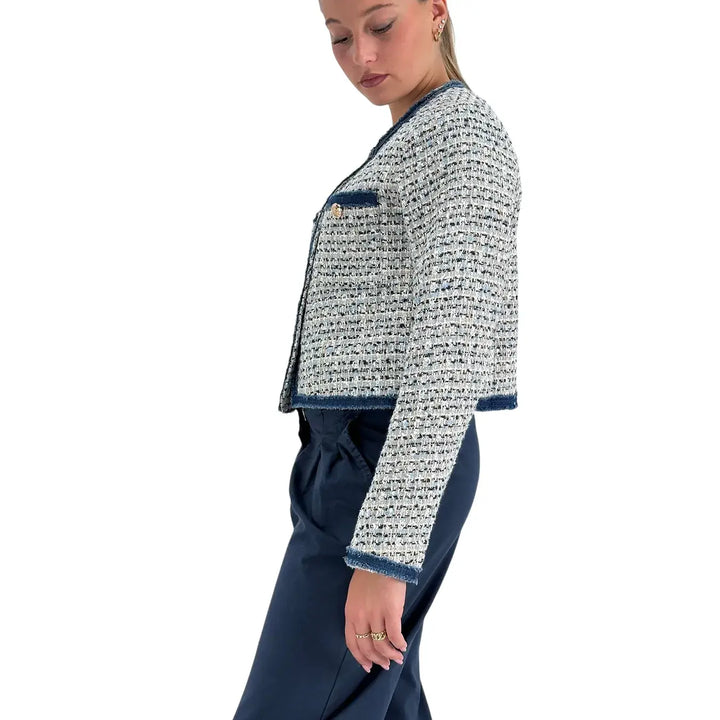 Bassini Giacca Donna Blu Modello Rebecca in Tweed con Bottoni Color Oro