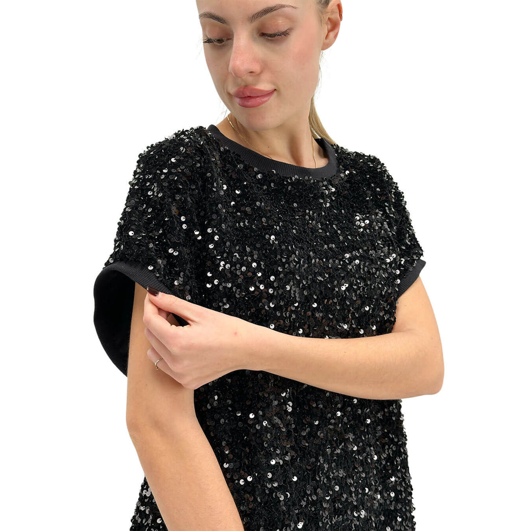 Motel Maglia Donna, T-Shirt, Girocollo, Full Paillettes, Nero