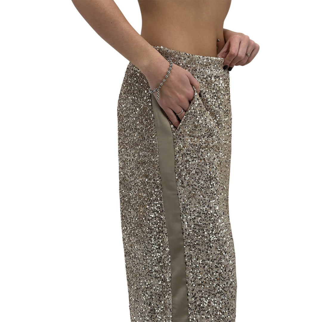 Motel Pantaloni Donna, Full Paillettes e Lurex, Fondo Largo, Beige