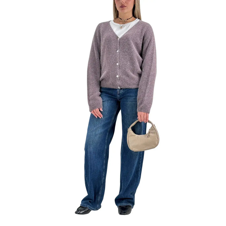 Bassini Cardigan Donna Marrone Naturale Oversize con Cinque Bottoni e Maniche Raglan