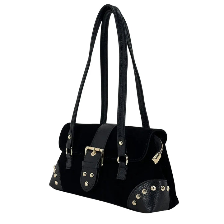Bassini Borsa Donna in Pelle Scamosciata Nera con Borchie Oro, Patta con Fibbia Magnetica e Tracolla Rimovibile