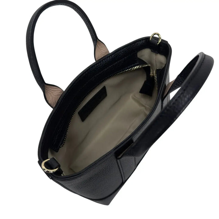 Bassini Borsa Donna Mini in Pelle Nera con Due Manici e Tracolla Intercambiabile