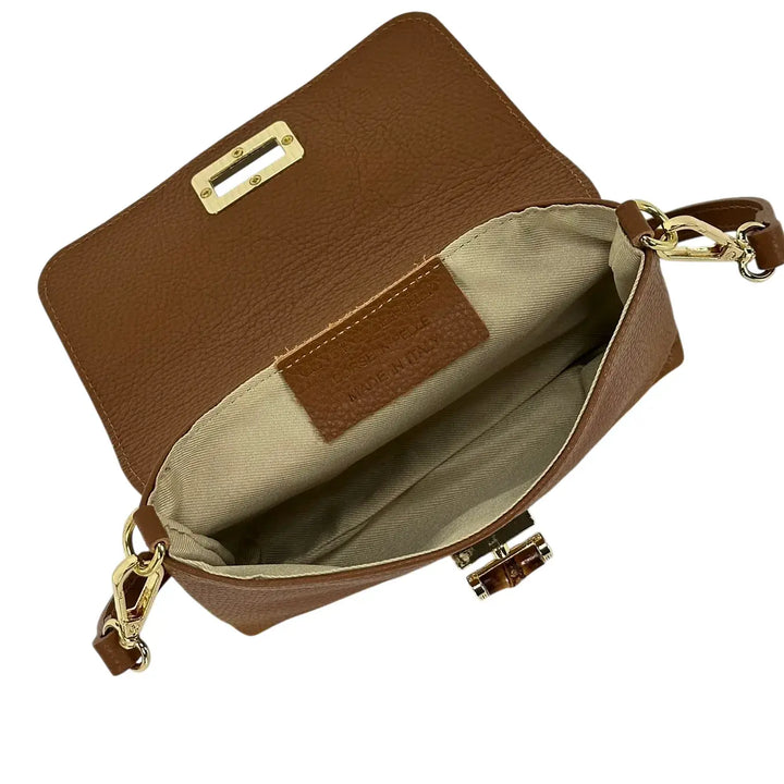 Bassini Borsa Donna Piccola in Pelle Marrone con Tracolla Rimovibile e Chiusura Girello Bambù