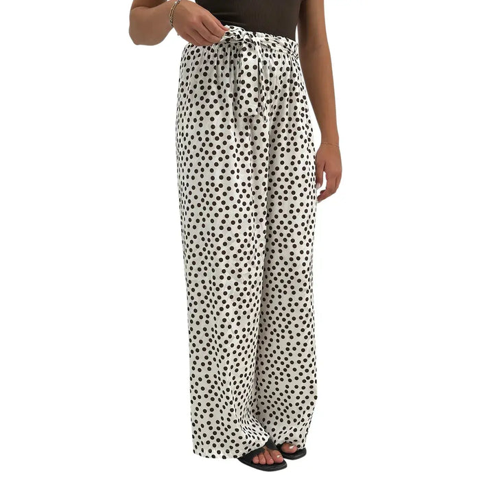 Bassini Pantaloni Donna Avorio con Pois Marroni, Cintura a Fiocco e Tessuto Fluido