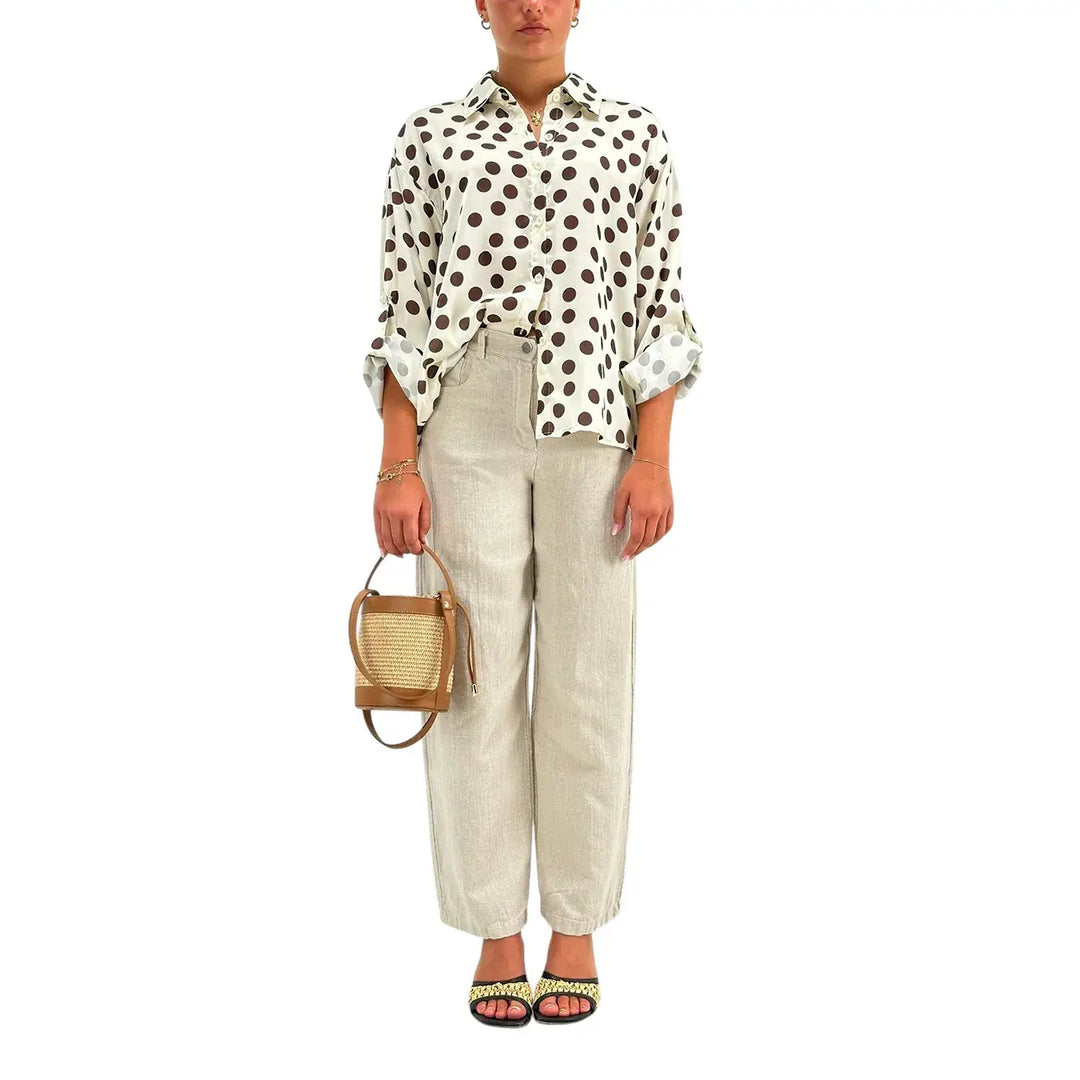 Bassini Camicia Donna Avorio con Pois Cioccolato Maniche Lunghe e Collo Francese