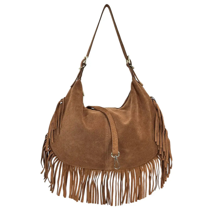 Bassini Borsa Donna in Pelle Scamosciata con Frange Laterali e Tracolla Intercambiabile Cognac