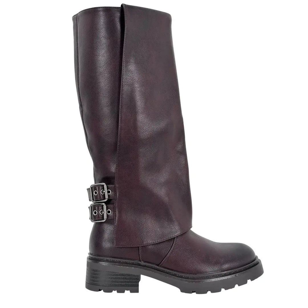 Bassini Stivale Donna Vino Biker in Ecopelle Effetto Used con Doppia Fibbetta e Tacco 4 cm