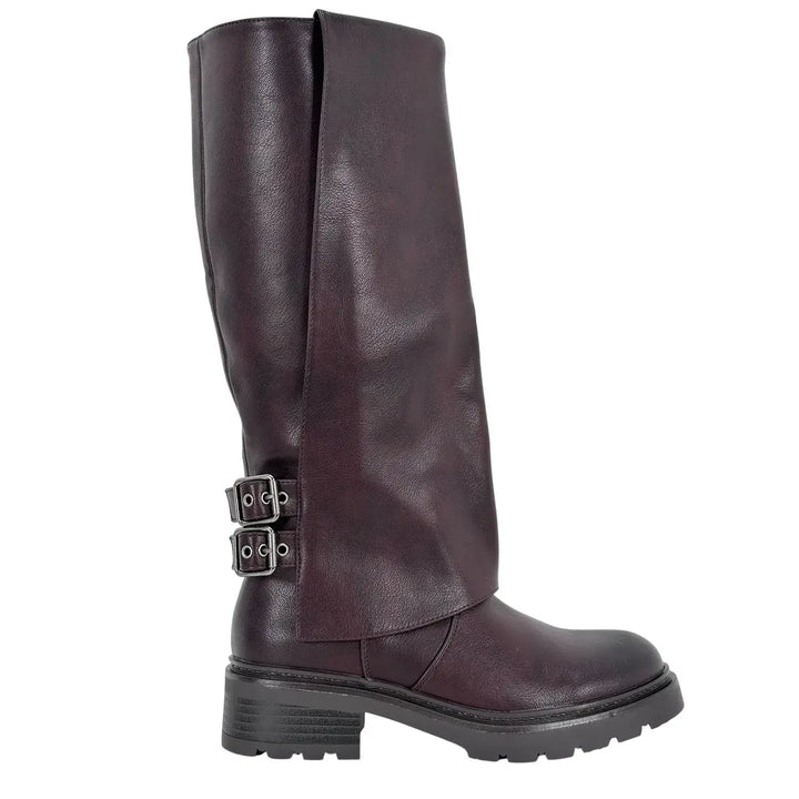 Bassini Stivale Donna Vino Biker in Ecopelle Effetto Used con Doppia Fibbetta e Tacco 4 cm
