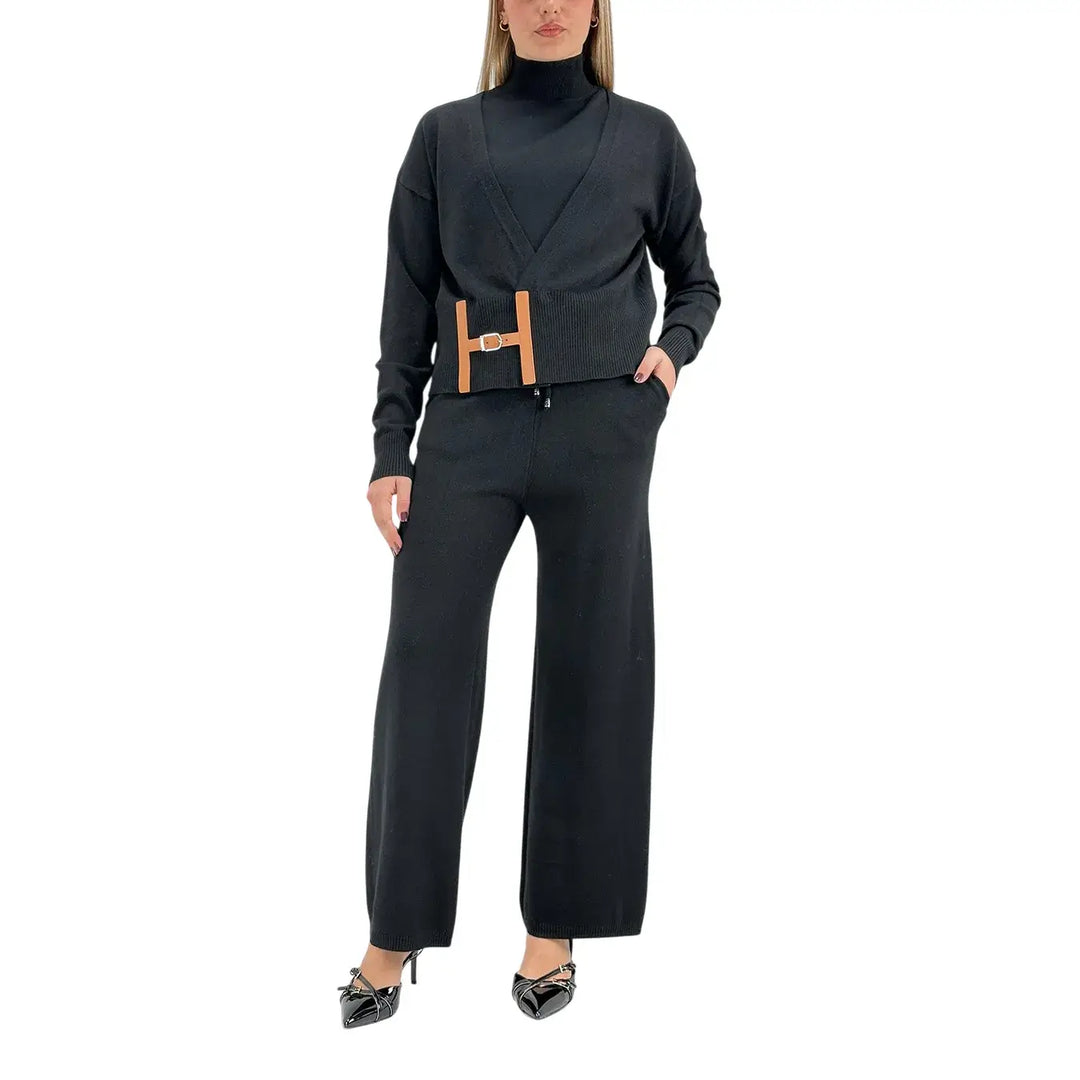 Bassini Coordinato Donna Tre Pezzi Nero in Maglia con Pantaloni e Maglia Smanicata a Lupetto