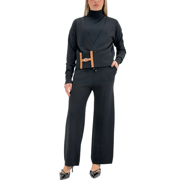 Bassini Coordinato Donna Tre Pezzi Nero in Maglia con Pantaloni e Maglia Smanicata a Lupetto
