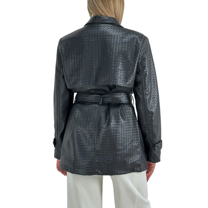 Bassini Trench Donna Nero in Ecopelle Effetto Intreccio Doppiopetto con Cintura da Annodare