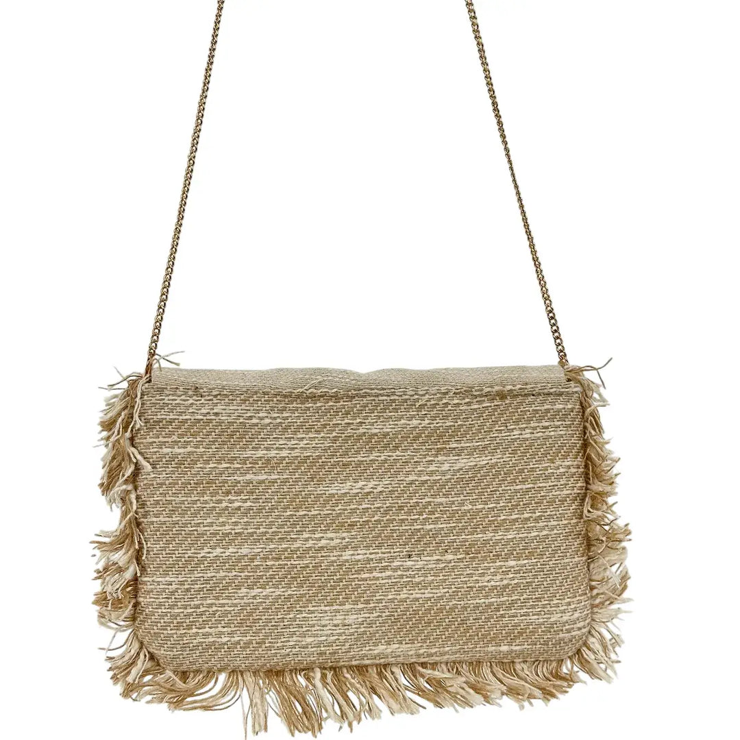 Bassini Borsa Donna Pochette in Cordura Beige con Perline Arancio sulla Patta e Tracolla Catena Oro