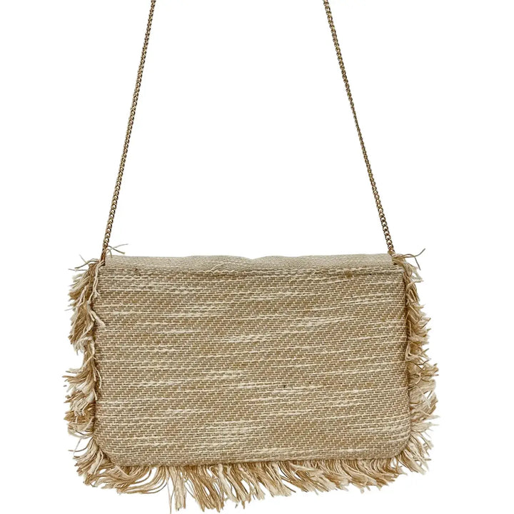 Bassini Borsa Donna Pochette in Cordura Beige con Perline Arancio sulla Patta e Tracolla Catena Oro
