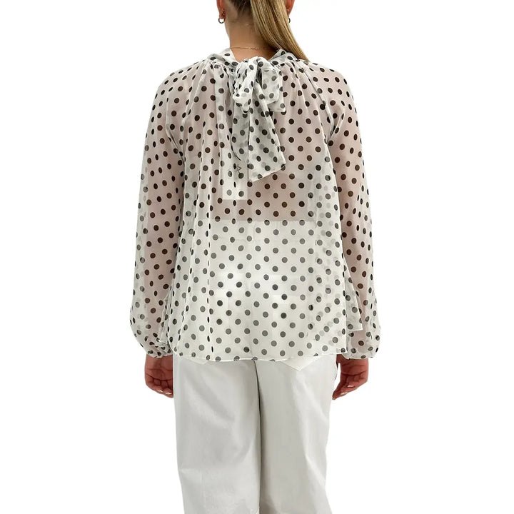 Bassini Blusa Donna Bianca con Pois Neri, Maniche a Sbuffo e Fiocco sul Retro