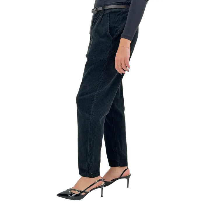 Bassini Pantaloni Donna Neri in Velluto Balloon con Doppia Pince, Elastico in Vita e Cintura