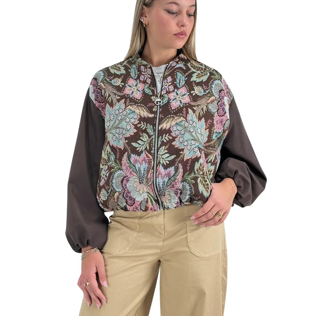 Bassini Bomber Donna Vino Jacquard con Maniche Cioccolato, Tasche Laterali e Imbottitura
