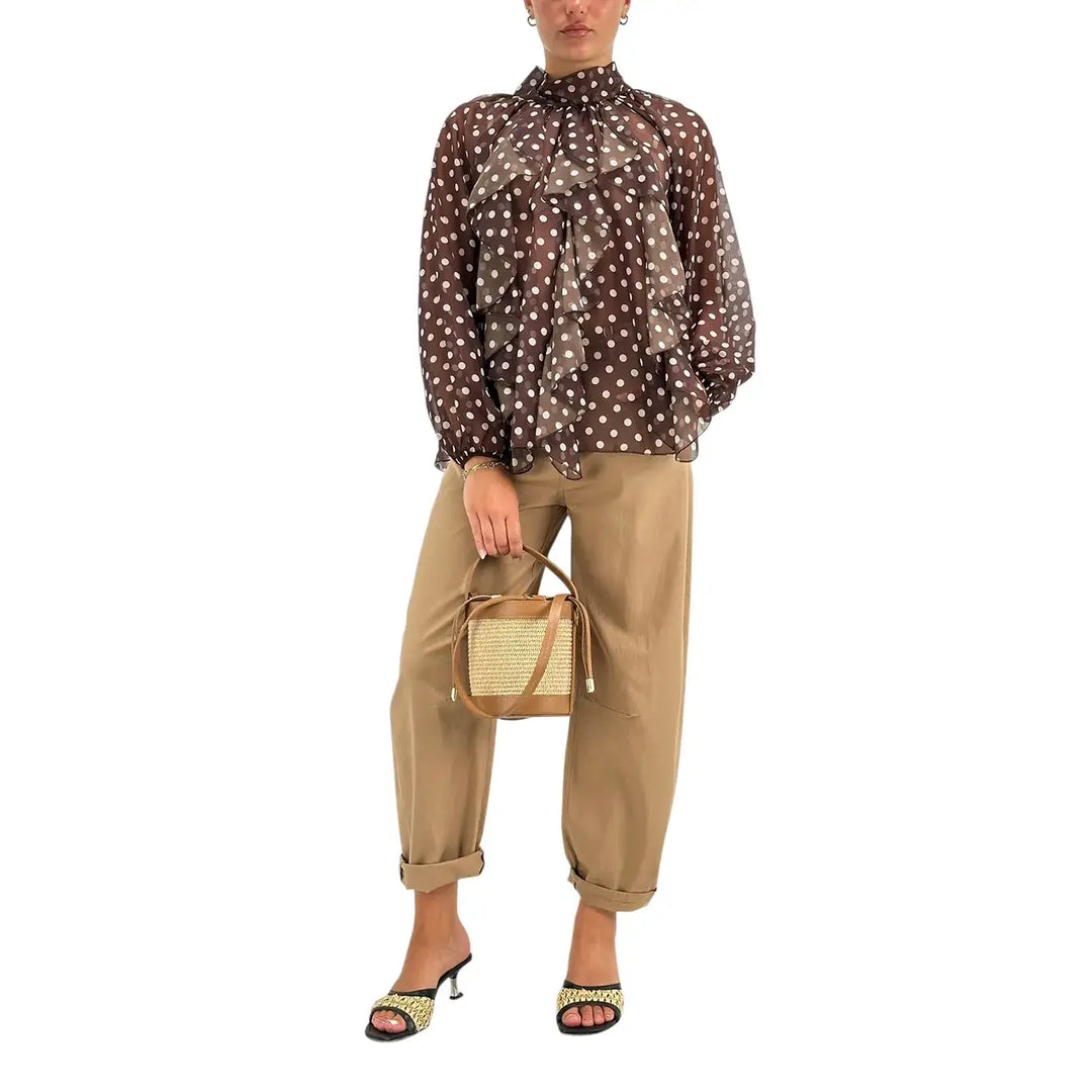 Bassini Blusa Donna Cioccolata con Pois Beige Maniche Lunghe a Sbuffo e Fiocco sul Colletto