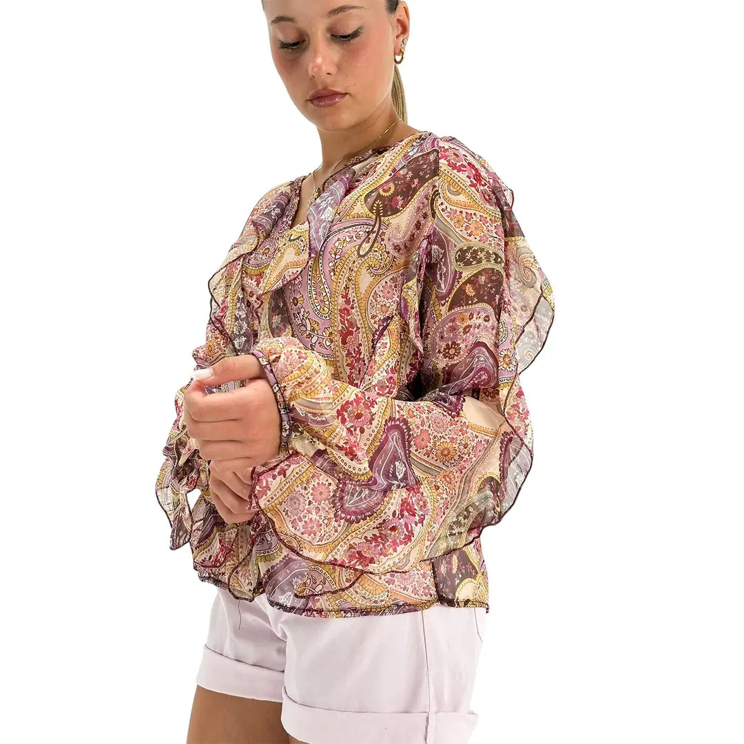 Bassini Blusa Donna Cipria con Fantasia Damascata, Ruches e Bottoncini Frontali