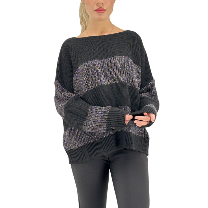 Relish, Maglia, Donna, Righe, Calin, Viscosa, Lurex, Nero