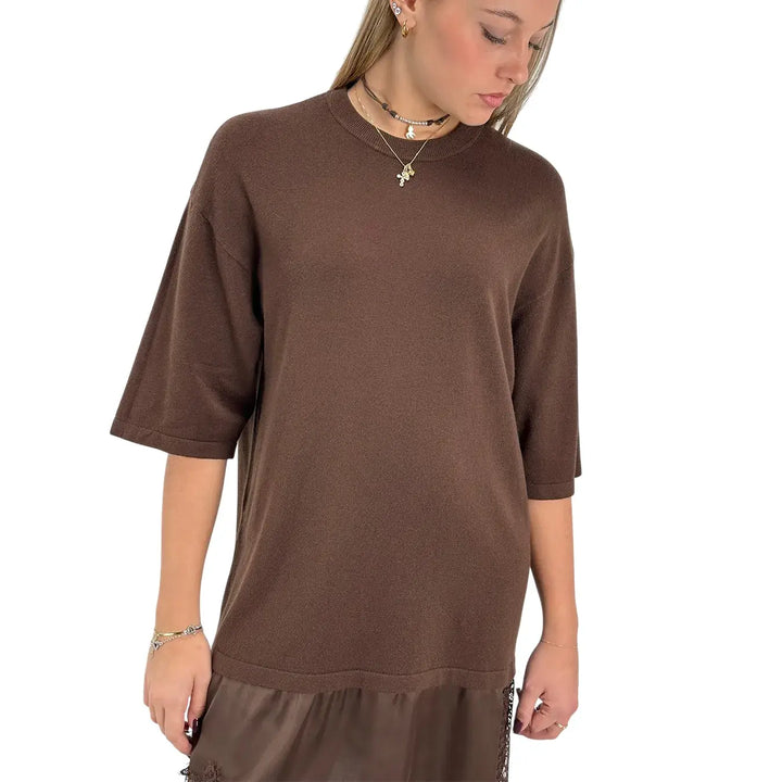 Bassini Abito Donna Cioccolato in Maglia con Balza in Raso e Pizzo e Spacchi Laterali