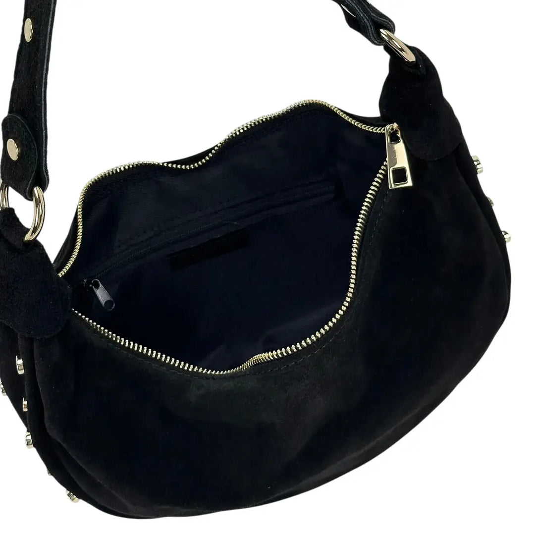 Bassini Borsa Donna Mezza Luna in Pelle Scamosciata con Borchie Oro e Tracolla Intercambiabile Nero