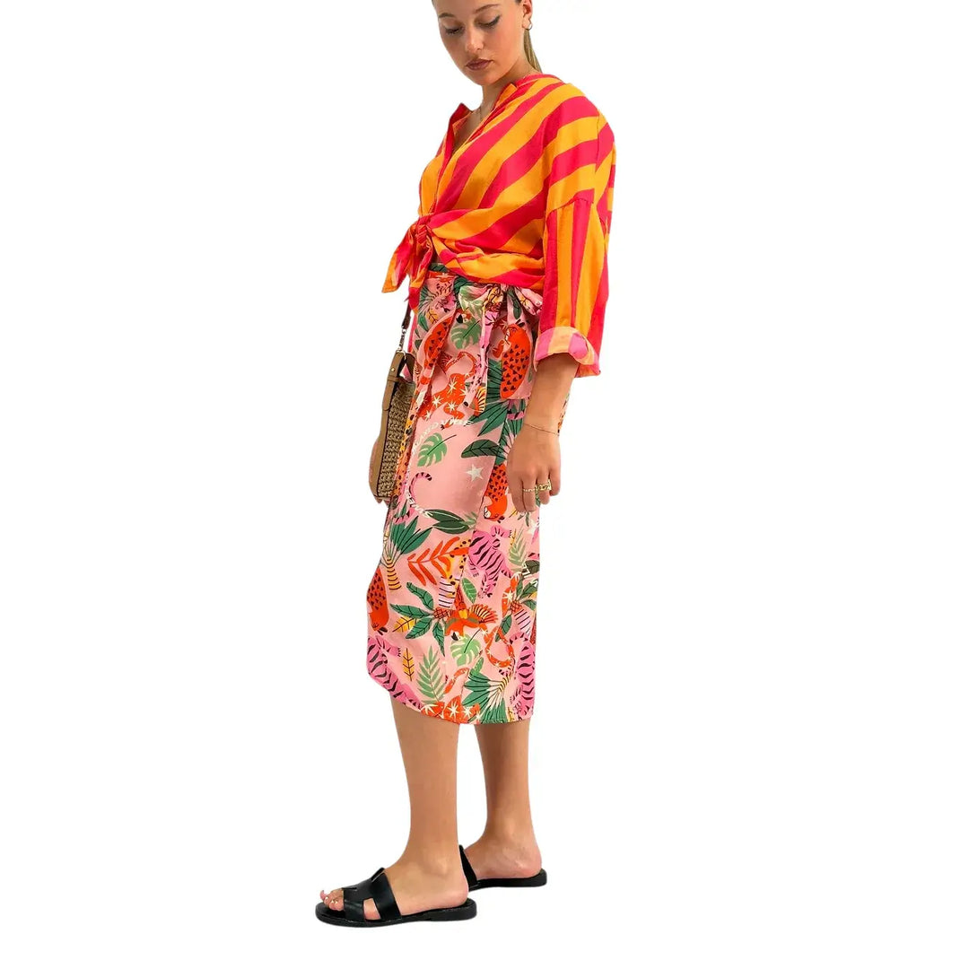 Motel Camicia Donna Arancio e Fucsia a Righe con Nodo Frontale, Collo Coreano e Maniche Tre Quarti