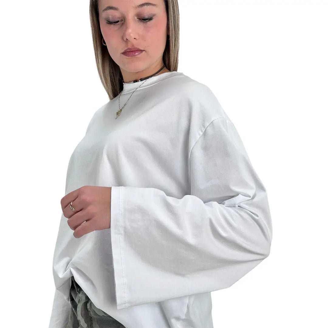 Bassini T-Shirt Donna Bianca Oversize con Maniche Lunghe a Campana e Girocollo