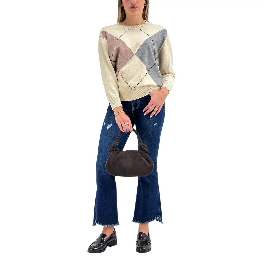 Bassini Maglia Donna Avorio a Rombi Cammello e Grigio con Girocollo e Maniche Lunghe