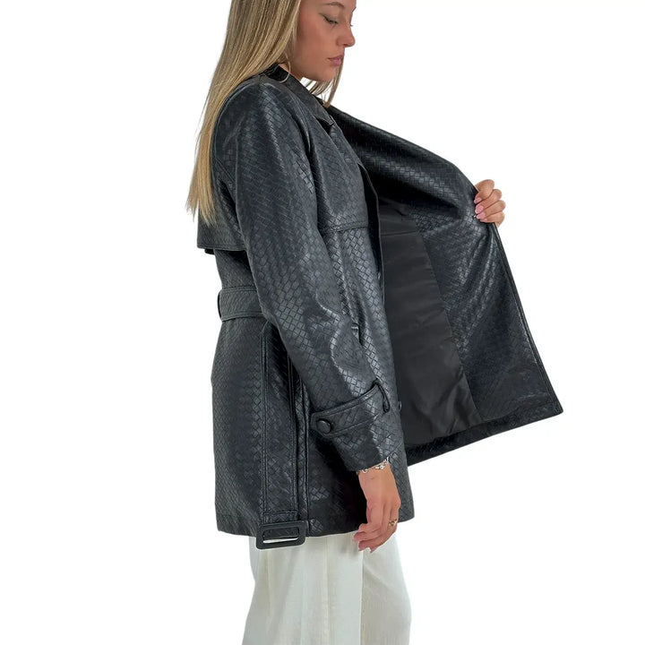Bassini Trench Donna Nero in Ecopelle Effetto Intreccio Doppiopetto con Cintura da Annodare