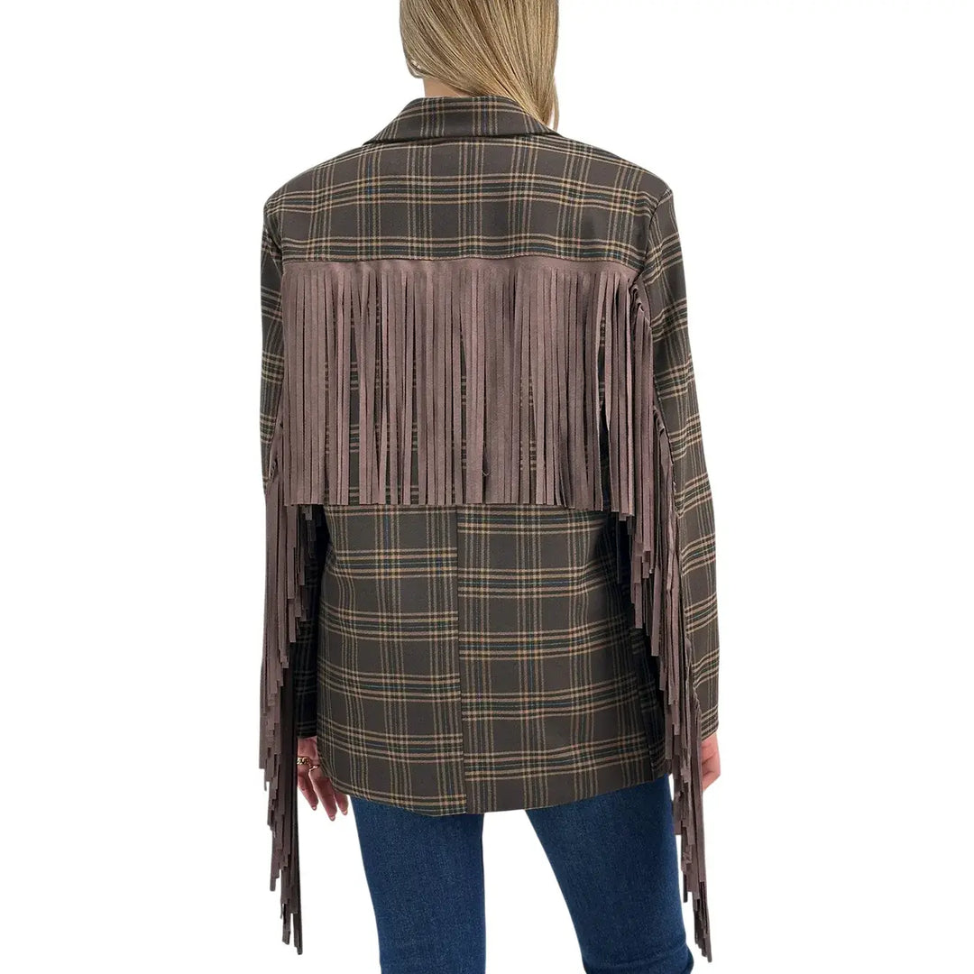 Bassini Giacca Donna Cioccolato Check Oversize Monopetto con Frange Marroni