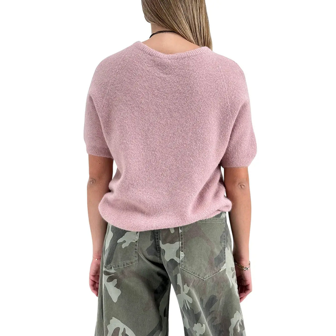 Bassini Maglia Donna Rosa Girocollo Oversize con Maniche Corte Raglan e Orlo a Costine