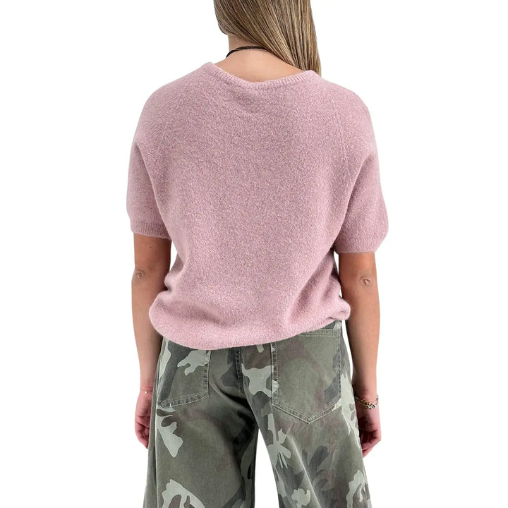 Bassini Maglia Donna Rosa Girocollo Oversize con Maniche Corte Raglan e Orlo a Costine