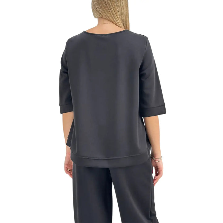 Bassini Felpa Donna Nera Oversize con Scollo a Barca e Maniche Tre Quarti