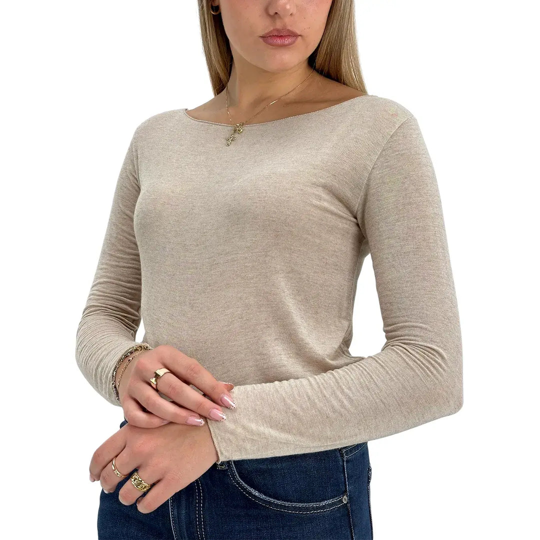 Bassini Maglia Cashmerina Donna Beige Ultralight con Scollo a Barca e Maniche Lunghe