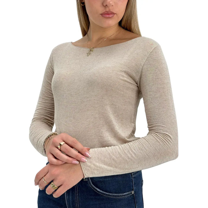 Bassini Maglia Cashmerina Donna Beige Ultralight con Scollo a Barca e Maniche Lunghe