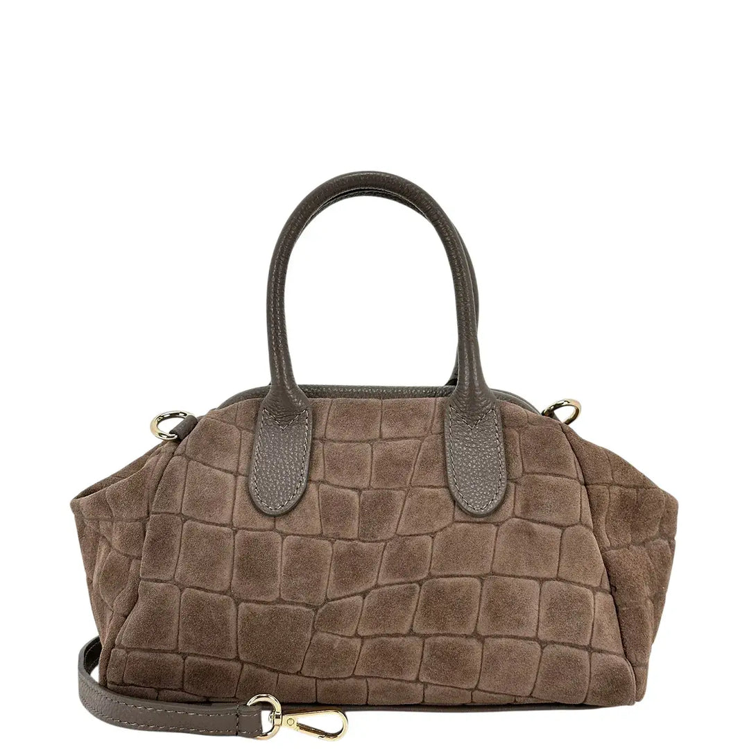 Bassini Borsa Donna Bauletto in Pelle Scamosciata Stampa Cocco Taupe con Tracolla Rimovibile