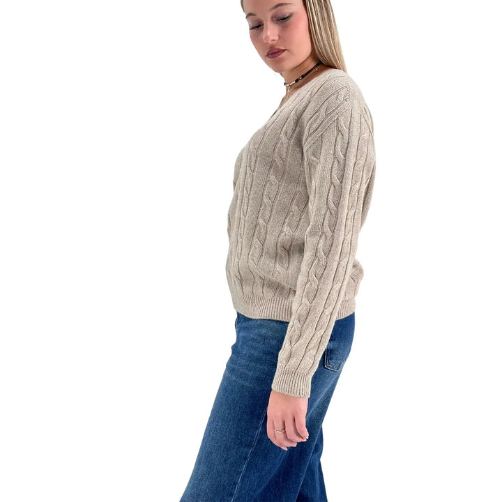 Bassini Maglia Donna Cammello a Treccia con Scollo a V e Maniche Raglan Oversize