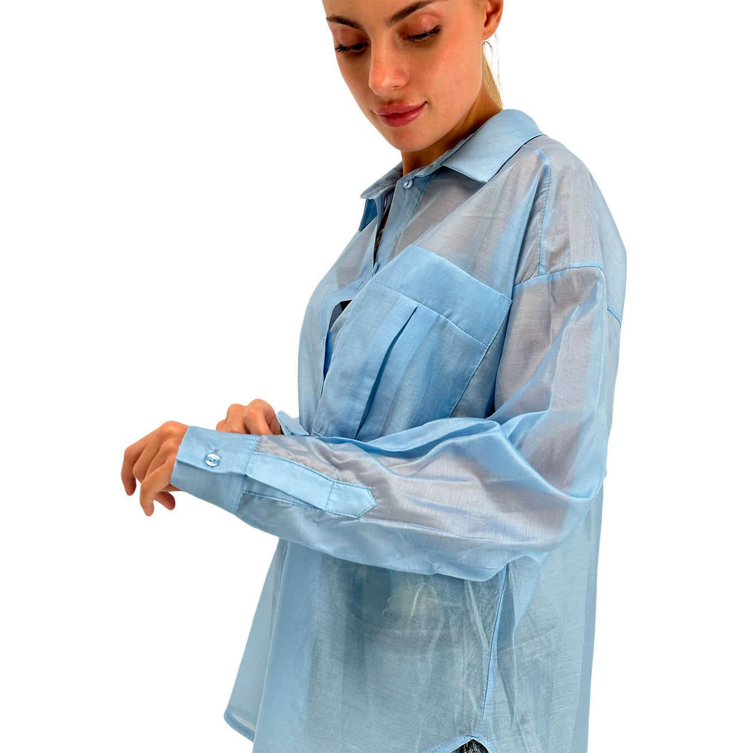 Tensione In Camicia Donna, Basic, Trasparente, Tencel, Celeste