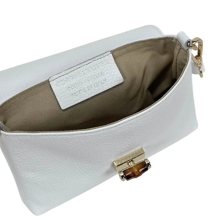 Bassini Borsa Donna Mini in Pelle Bianca con Pattina Girello Bambù e Tracolle Rimovibili