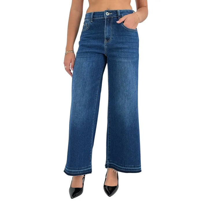 Bassini Jeans Donna Blu Scuro Palazzo in Denim Elasticizzato con Fondo Sfrangiato
