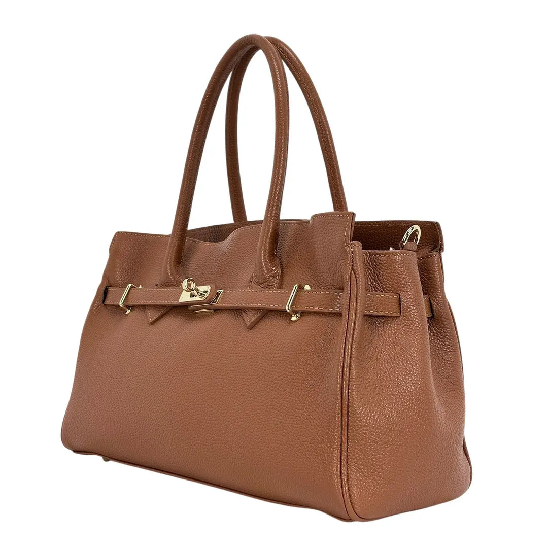 Bassini Borsa Donna in Pelle Cognac con Due Manici e Tracolla Intercambiabile
